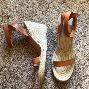 Tan strappy espadrille wedges